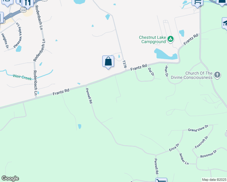 map of restaurants, bars, coffee shops, grocery stores, and more near 126 Stones Throw Road in Brodheadsville