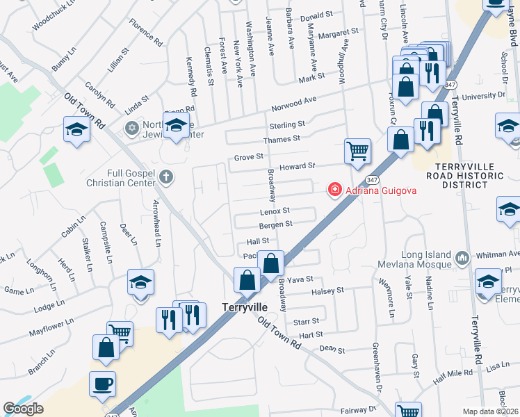 map of restaurants, bars, coffee shops, grocery stores, and more near 354 Broadway in Port Jefferson Station