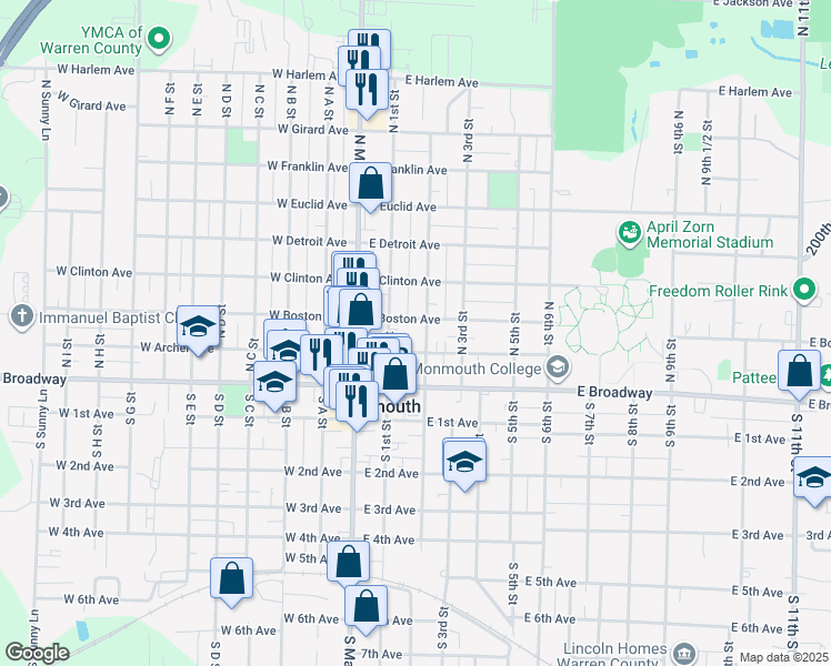 map of restaurants, bars, coffee shops, grocery stores, and more near 219 East Boston Avenue in Monmouth