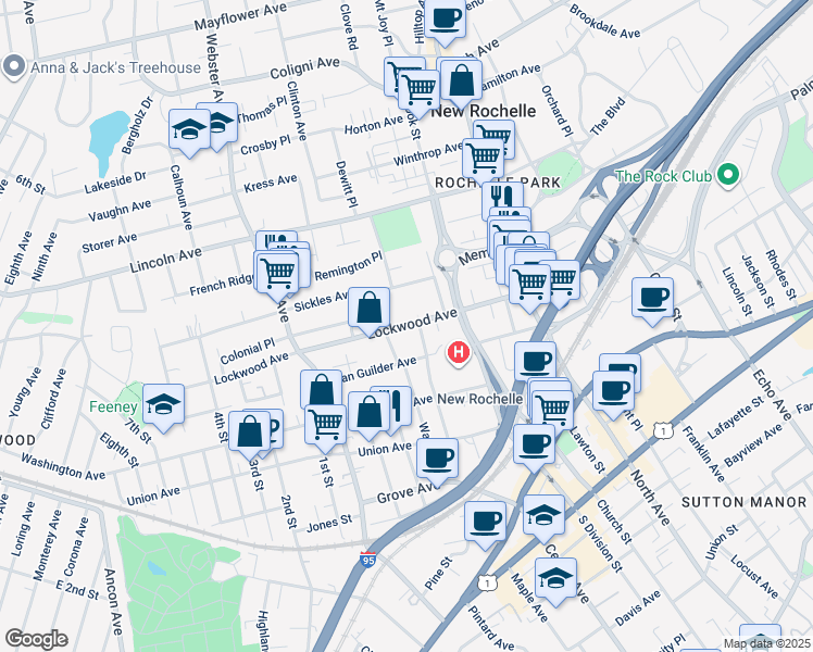 map of restaurants, bars, coffee shops, grocery stores, and more near 111 Lockwood Avenue in New Rochelle