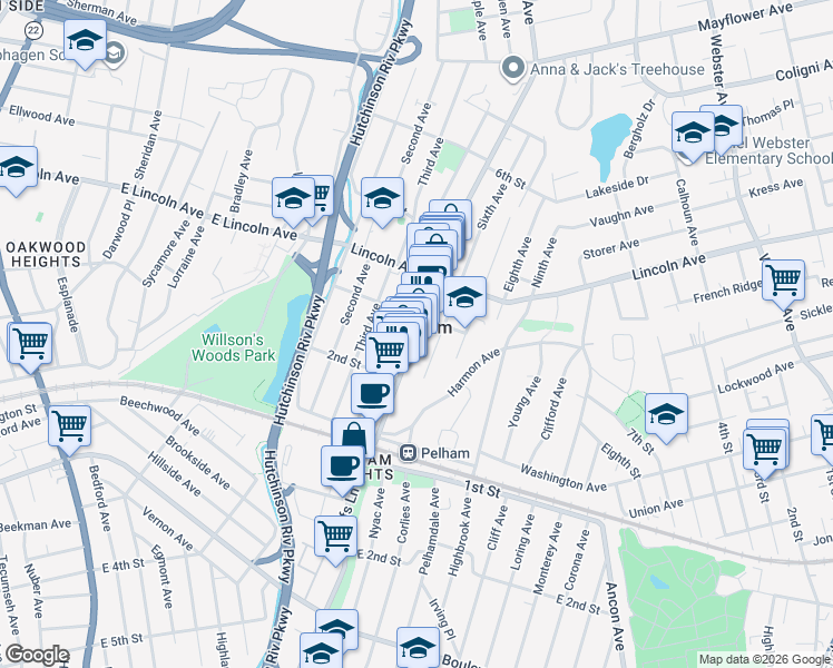 map of restaurants, bars, coffee shops, grocery stores, and more near 146 Fourth Avenue in Village of Pelham