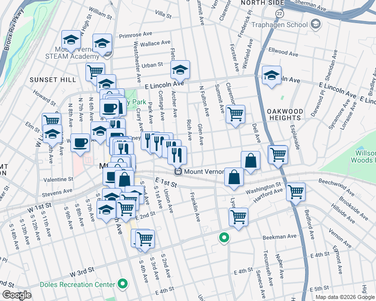 map of restaurants, bars, coffee shops, grocery stores, and more near 19 Archer Avenue in Mount Vernon