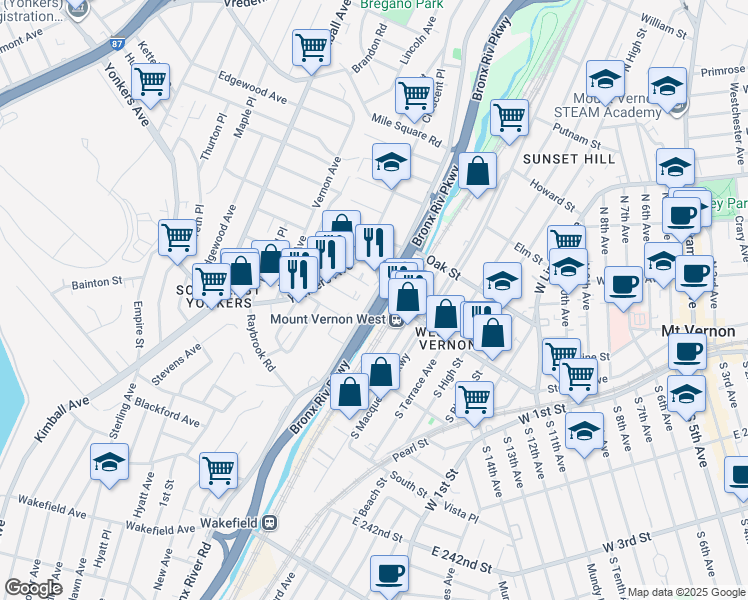 map of restaurants, bars, coffee shops, grocery stores, and more near 413 Bronx River Road in Yonkers