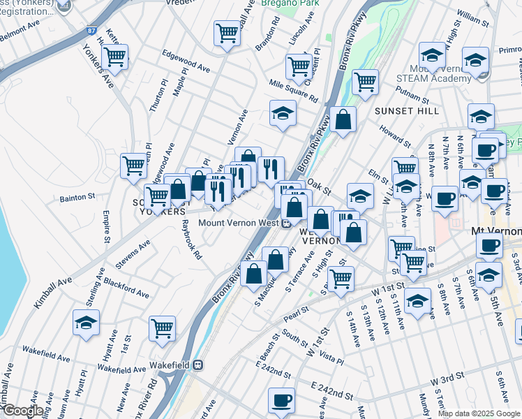 map of restaurants, bars, coffee shops, grocery stores, and more near 413 Bronx River Road in Yonkers