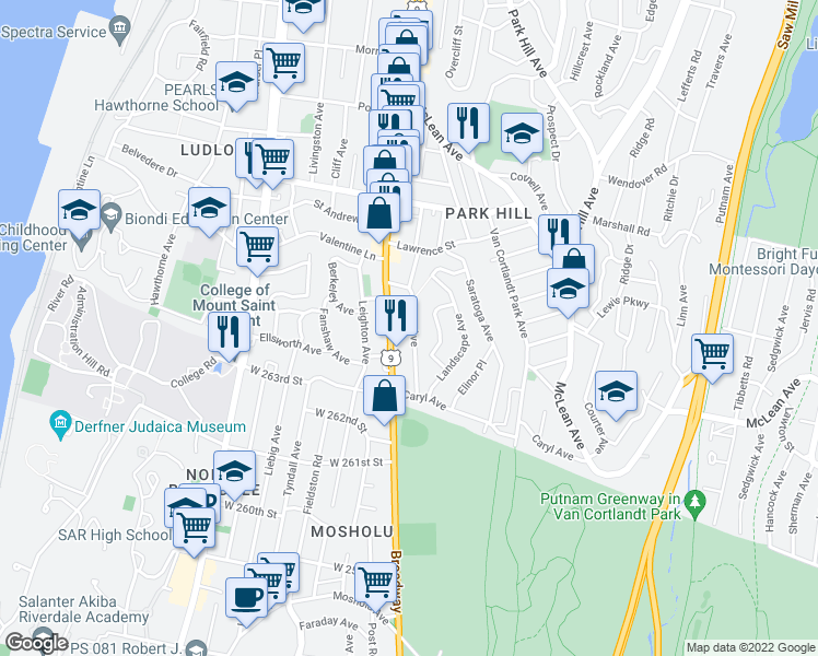 map of restaurants, bars, coffee shops, grocery stores, and more near 105 Bruce Avenue in Yonkers