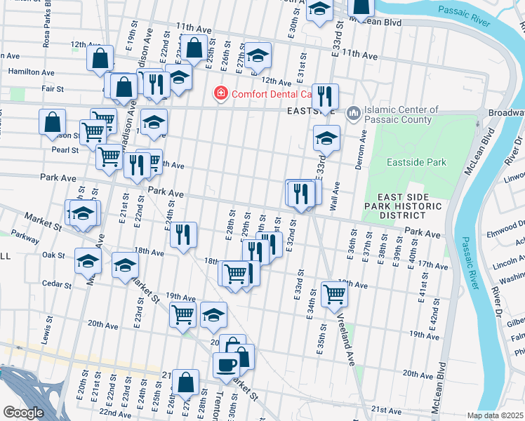 map of restaurants, bars, coffee shops, grocery stores, and more near 433 Park Avenue in Paterson