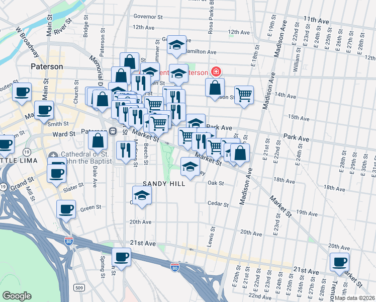 map of restaurants, bars, coffee shops, grocery stores, and more near 399 Market Street in Paterson