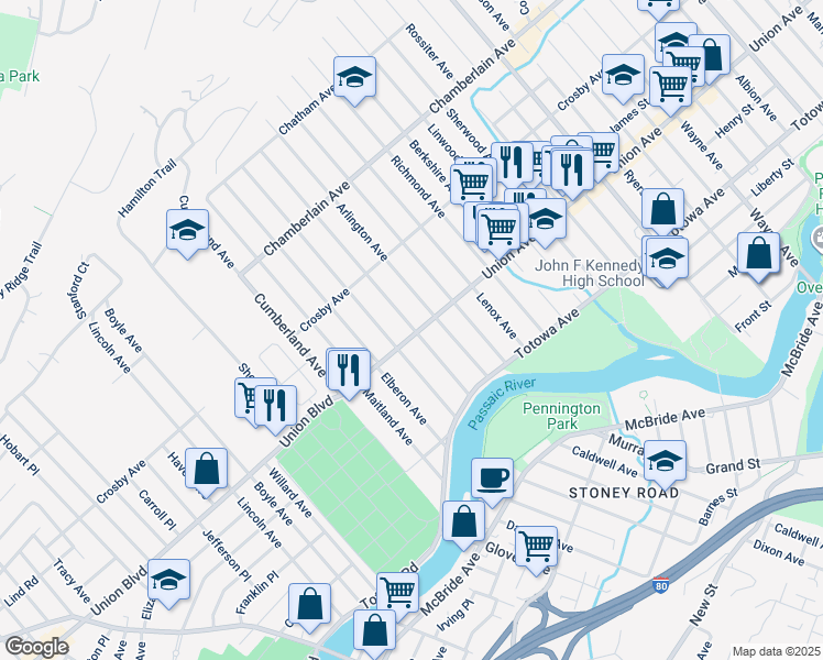 map of restaurants, bars, coffee shops, grocery stores, and more near 88 Burlington Avenue in Paterson