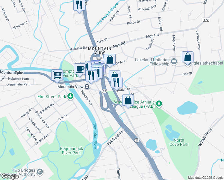 map of restaurants, bars, coffee shops, grocery stores, and more near 64 Boonton Turnpike in Wayne