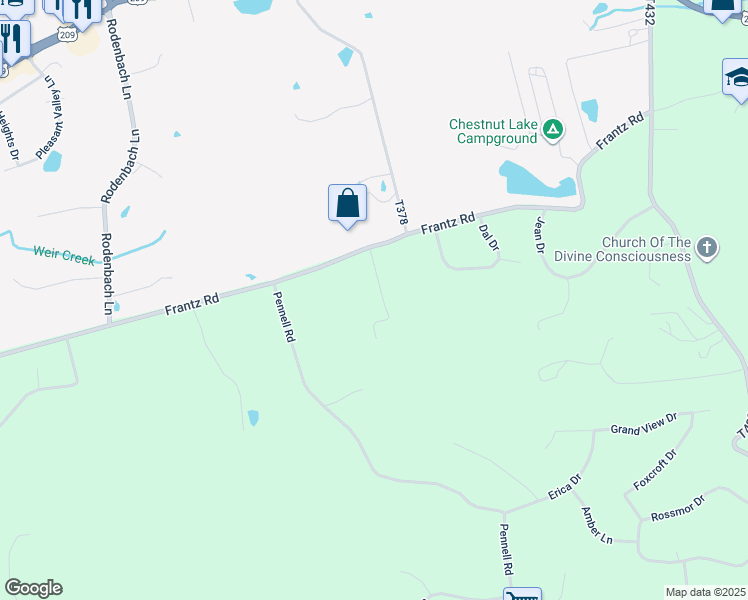 map of restaurants, bars, coffee shops, grocery stores, and more near 126 Stones Throw Road in Brodheadsville