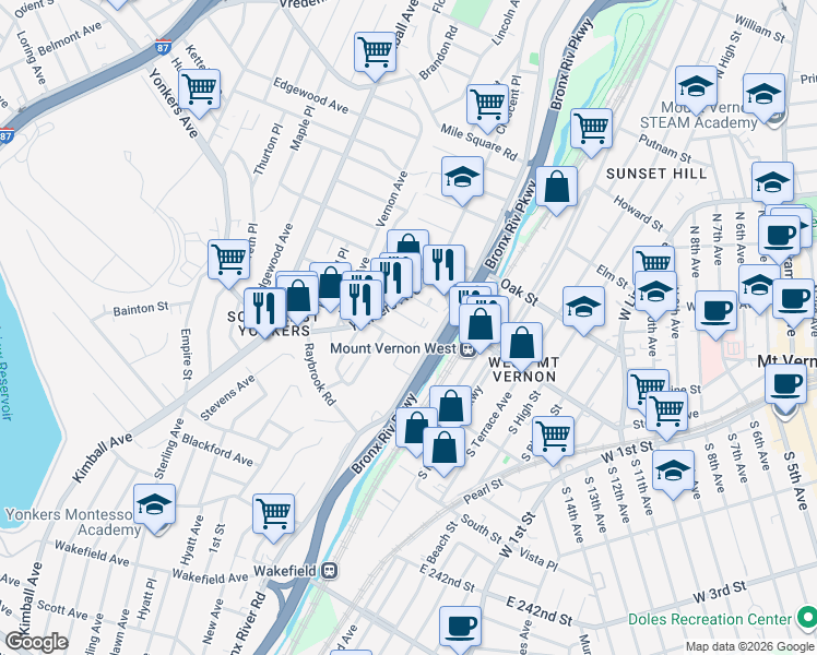 map of restaurants, bars, coffee shops, grocery stores, and more near in Yonkers