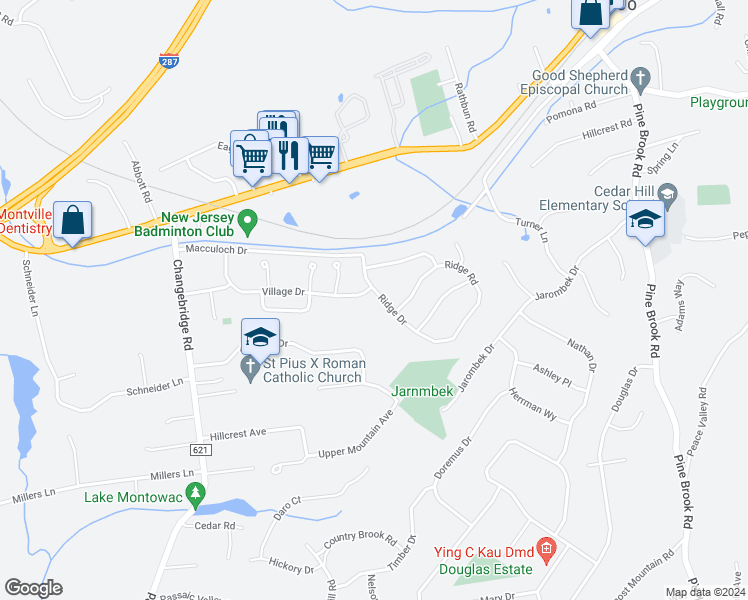 map of restaurants, bars, coffee shops, grocery stores, and more near 14 Ridge Drive in Montville