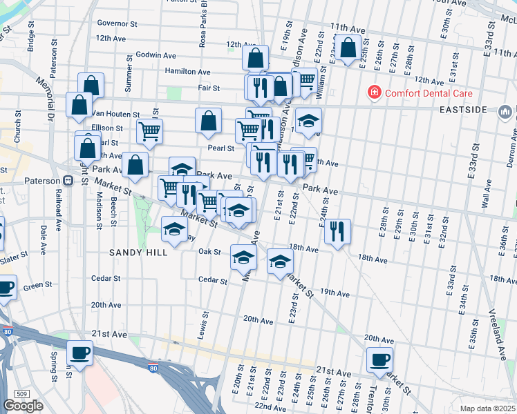 map of restaurants, bars, coffee shops, grocery stores, and more near 798 Madison Avenue in Paterson