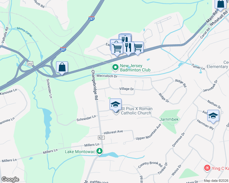 map of restaurants, bars, coffee shops, grocery stores, and more near 21 Village Drive in Montville