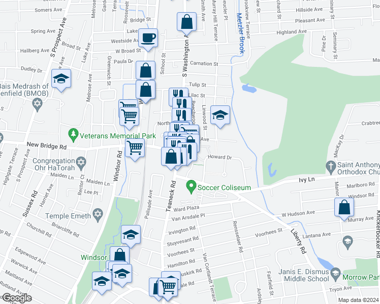 map of restaurants, bars, coffee shops, grocery stores, and more near 463 South Washington Avenue in Bergenfield