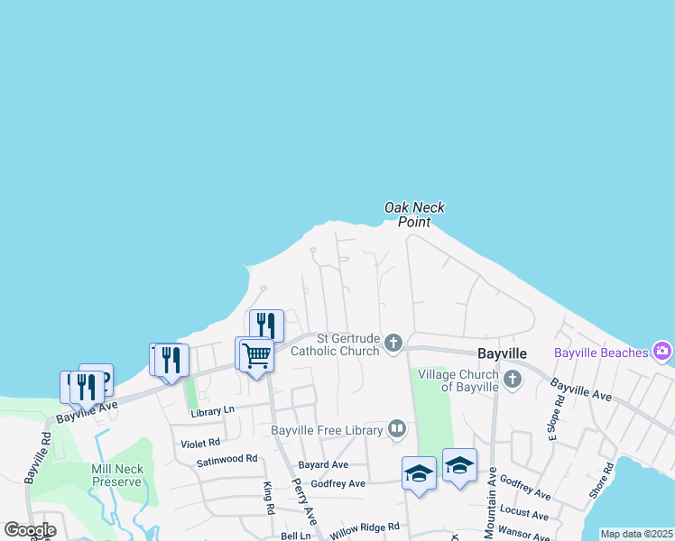 map of restaurants, bars, coffee shops, grocery stores, and more near 1 Wunaquit Drive in Bayville