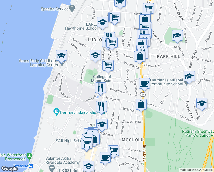 map of restaurants, bars, coffee shops, grocery stores, and more near 532 Riverdale Avenue in Yonkers