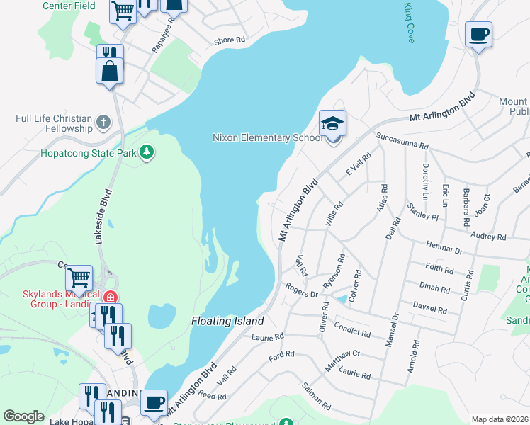 map of restaurants, bars, coffee shops, grocery stores, and more near 8 Old Way Road in Roxbury Township
