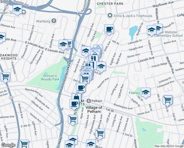 map of restaurants, bars, coffee shops, grocery stores, and more near 146 Fourth Avenue in Village of Pelham