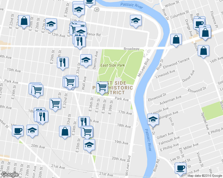 map of restaurants, bars, coffee shops, grocery stores, and more near 33 E Park Dr in Paterson