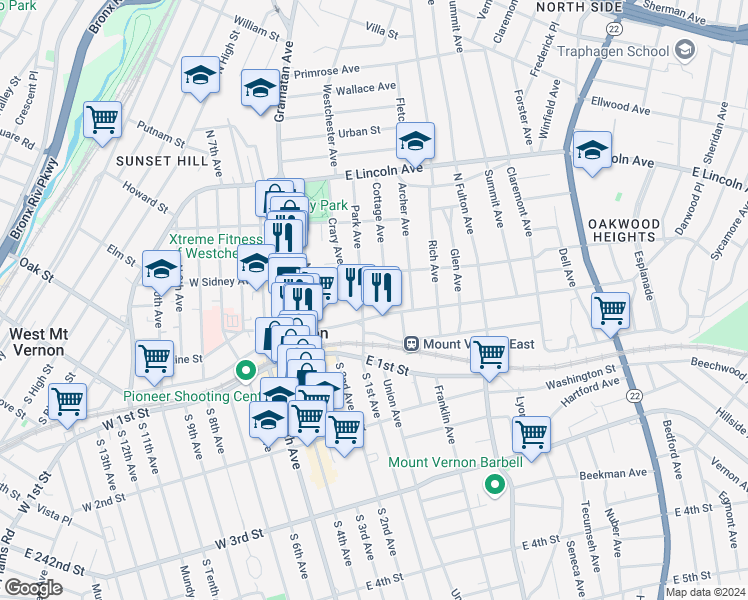 map of restaurants, bars, coffee shops, grocery stores, and more near 21 Cottage Avenue in Mount Vernon