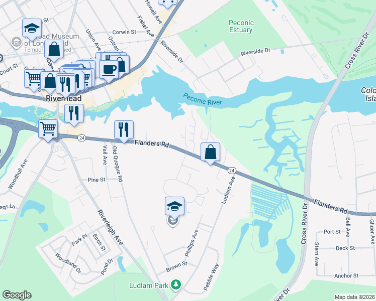 map of restaurants, bars, coffee shops, grocery stores, and more near 318 Flanders Road in Riverhead