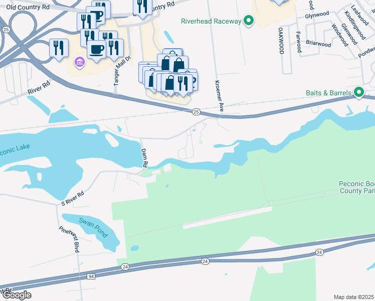 map of restaurants, bars, coffee shops, grocery stores, and more near 614 Forge Road in Riverhead