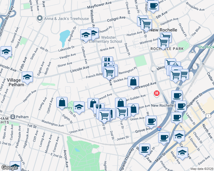 map of restaurants, bars, coffee shops, grocery stores, and more near in New Rochelle