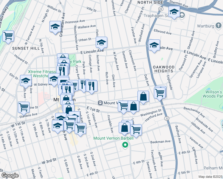 map of restaurants, bars, coffee shops, grocery stores, and more near 38 Glen Avenue in Mount Vernon