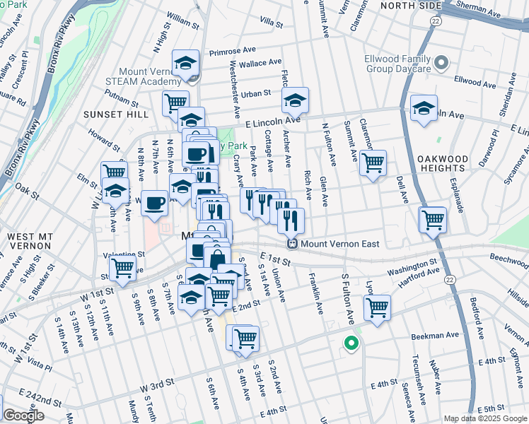 map of restaurants, bars, coffee shops, grocery stores, and more near 21 Cottage Avenue in Mount Vernon