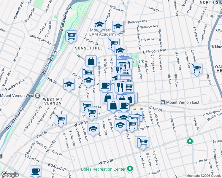 map of restaurants, bars, coffee shops, grocery stores, and more near 28 West Sidney Avenue in Mount Vernon