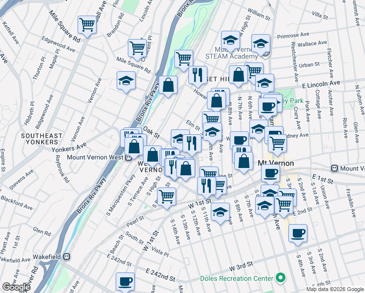 map of restaurants, bars, coffee shops, grocery stores, and more near 115 North High Street in Mount Vernon