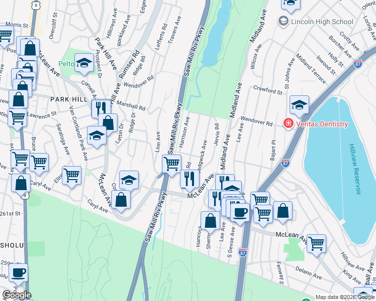 map of restaurants, bars, coffee shops, grocery stores, and more near 177 Tibbetts Road in Yonkers