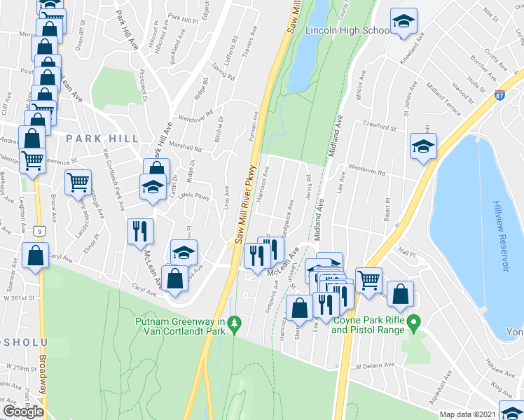 map of restaurants, bars, coffee shops, grocery stores, and more near 177 Tibbetts Road in Yonkers
