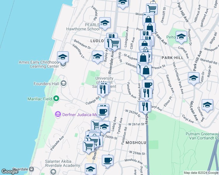 map of restaurants, bars, coffee shops, grocery stores, and more near 532 Riverdale Avenue in Yonkers