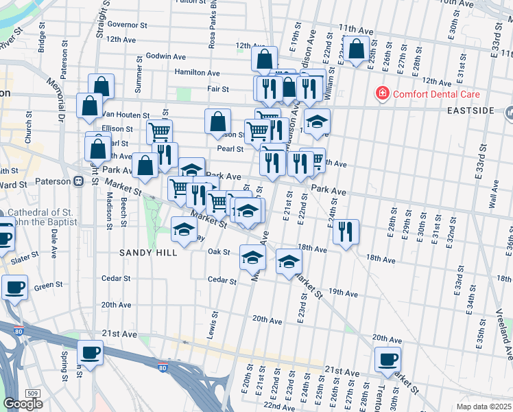 map of restaurants, bars, coffee shops, grocery stores, and more near 786 Madison Avenue in Paterson