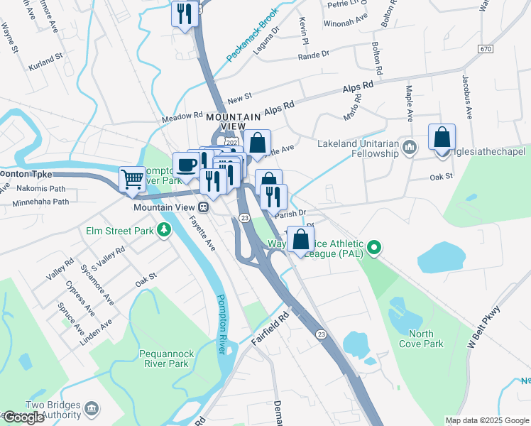 map of restaurants, bars, coffee shops, grocery stores, and more near 64 Boonton Turnpike in Wayne