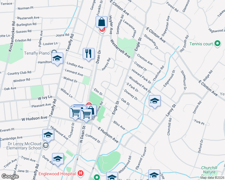 map of restaurants, bars, coffee shops, grocery stores, and more near 38 Sherwood Road in Tenafly