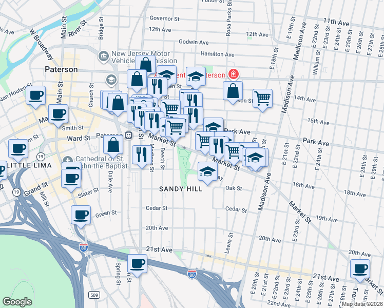 map of restaurants, bars, coffee shops, grocery stores, and more near 399 Market Street in Paterson