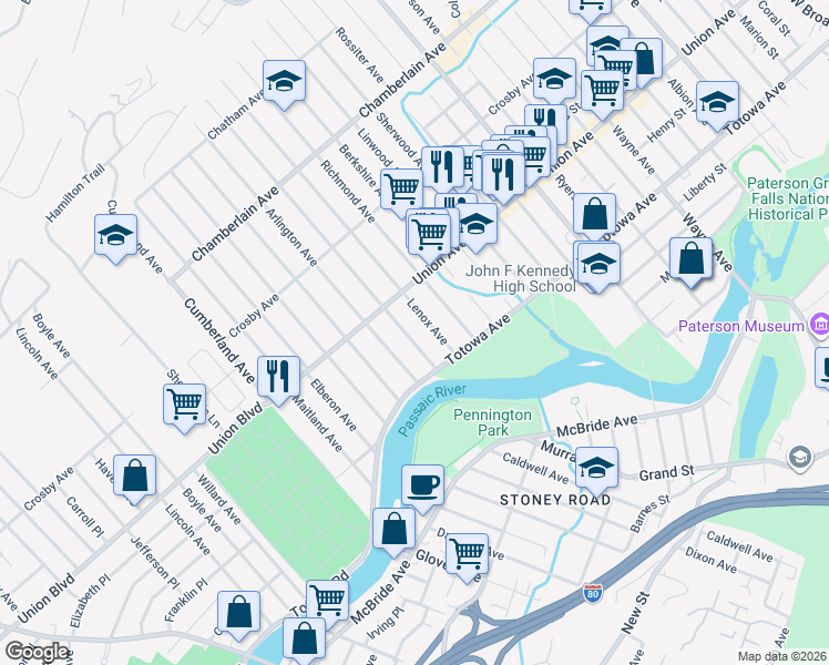 map of restaurants, bars, coffee shops, grocery stores, and more near 45 Lenox Avenue in Paterson