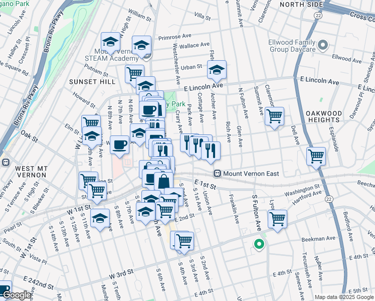 map of restaurants, bars, coffee shops, grocery stores, and more near 59 East Prospect Avenue in Mount Vernon