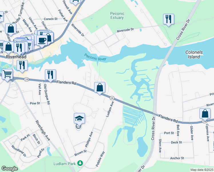 map of restaurants, bars, coffee shops, grocery stores, and more near 29 Kirk Avenue in Riverhead