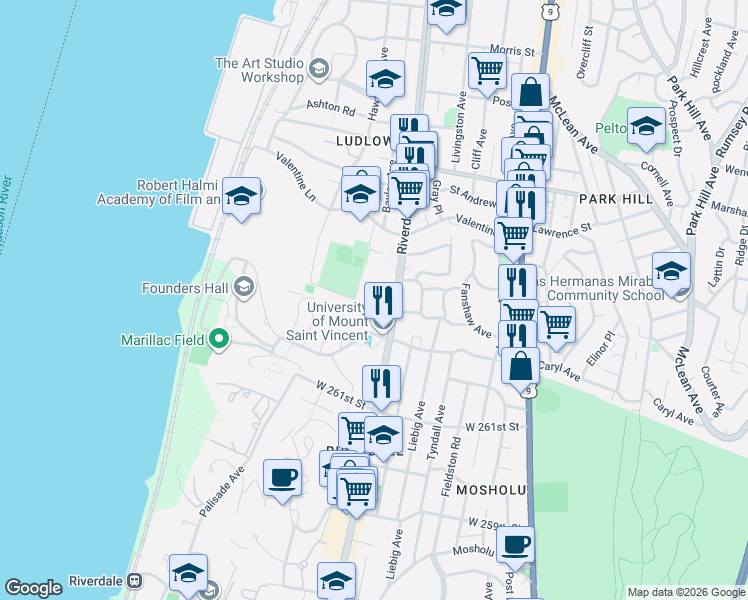 map of restaurants, bars, coffee shops, grocery stores, and more near 537 Riverdale Avenue in Yonkers