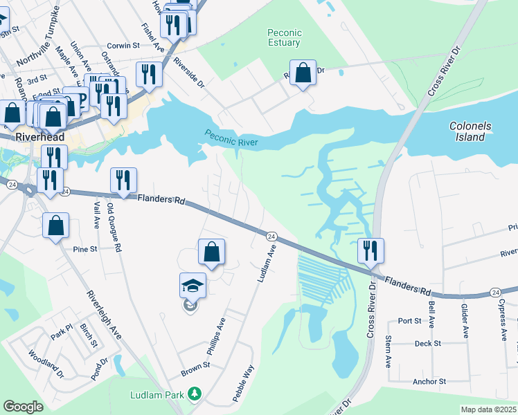 map of restaurants, bars, coffee shops, grocery stores, and more near 29 Kirk Avenue in Riverhead