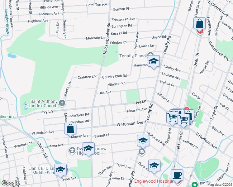 map of restaurants, bars, coffee shops, grocery stores, and more near 54 Oak Avenue in Tenafly