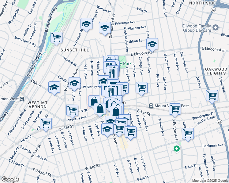 map of restaurants, bars, coffee shops, grocery stores, and more near 102 Gramatan Avenue in Mount Vernon