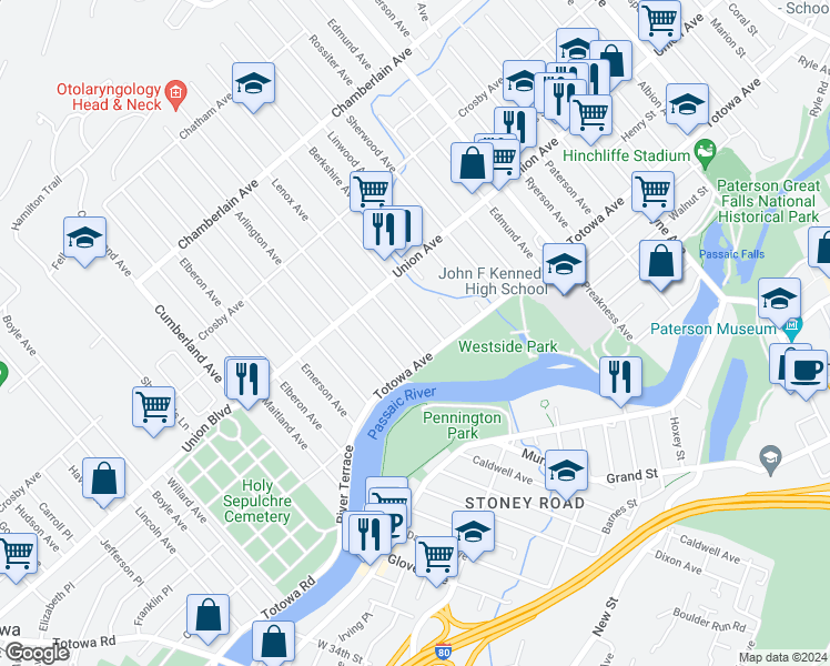 map of restaurants, bars, coffee shops, grocery stores, and more near 24 Lenox Avenue in Paterson