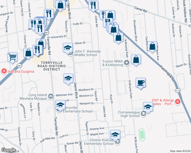 map of restaurants, bars, coffee shops, grocery stores, and more near 18 Montclair Street in Port Jefferson Station