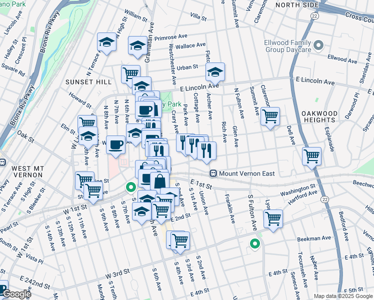 map of restaurants, bars, coffee shops, grocery stores, and more near 59 East Prospect Avenue in Mount Vernon