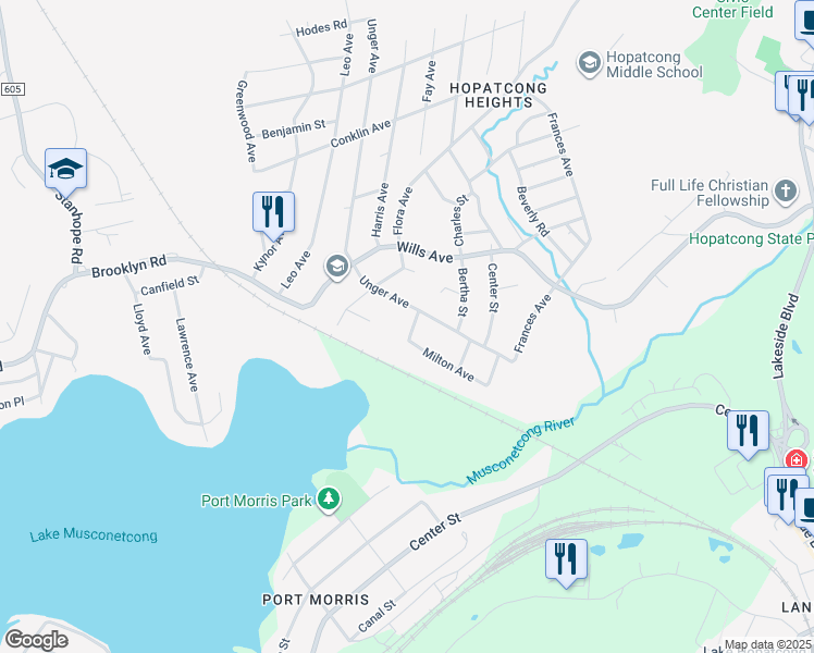 map of restaurants, bars, coffee shops, grocery stores, and more near 38 Unger Avenue in Stanhope